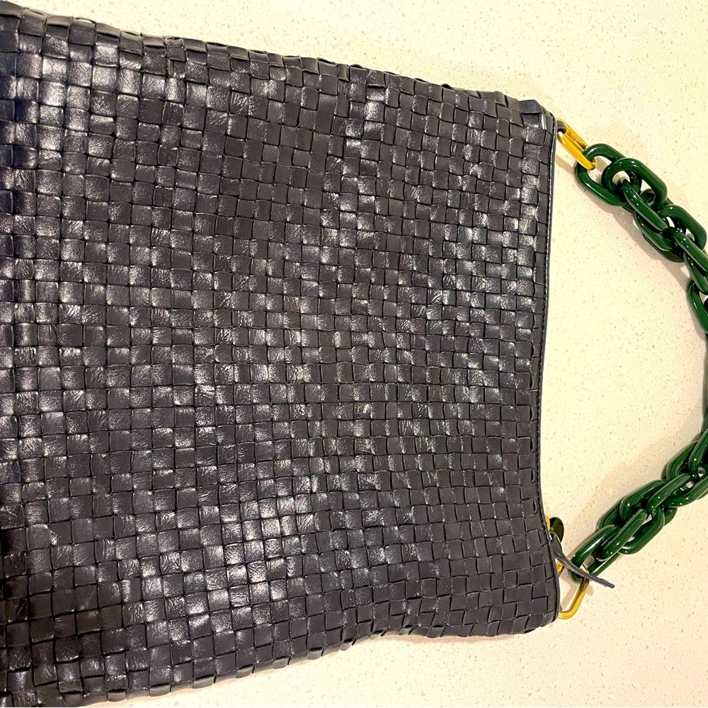Clare V. Fold over clutch in navy and resin shortie strap in green